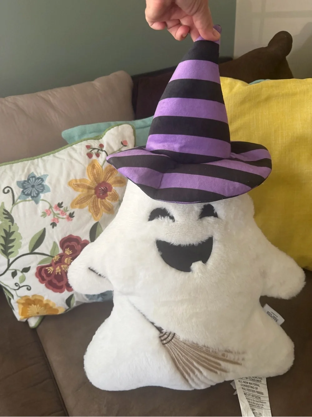 Martha Stewart Plush Halloween Ghost Pillow with Purple Striped Witch Hat